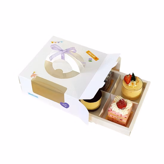 Custom 4/6 Cupcake Box Donut White Paper Baking Cake Packaging with Handle