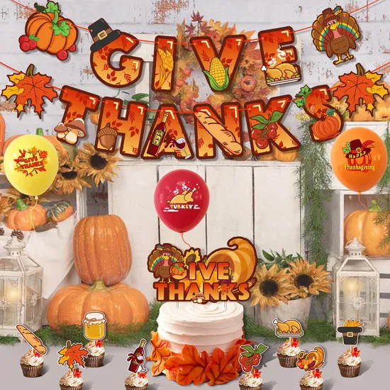 Party Supplies Thanksgiving Banner Cake Toppers Balloon Kids Pumpkin Cartoon Decoration Set 