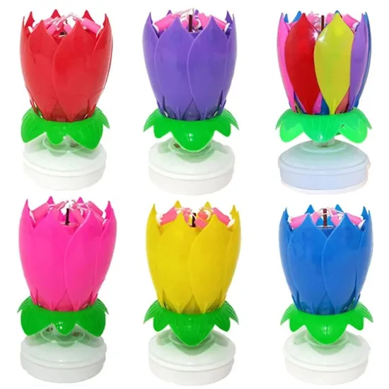 Cake Candle Musical Rotating Lotus Flower Candle Birthday DIY Cake Decoration 